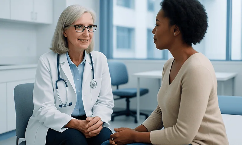 Doctor consulting with a patient in a modern medical office.