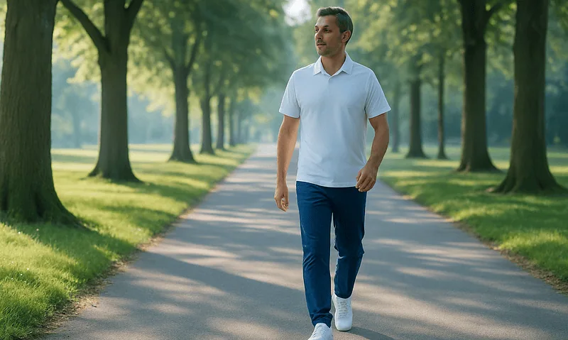 Man walking in a park on a sunny day, enjoying nature and fresh air.
