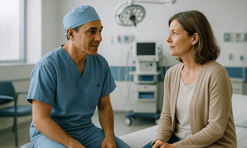 Doctor consulting with a female patient in a hospital room.
