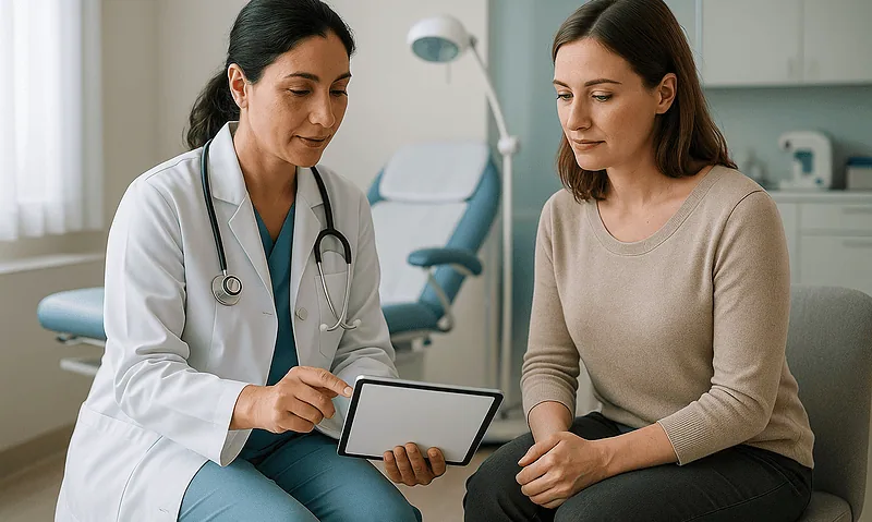 Doctor consulting with a patient in a medical office setting.