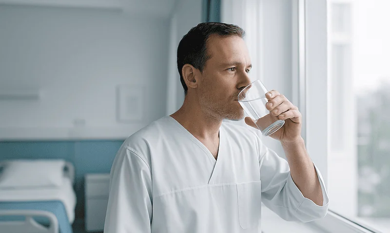 Hysteroscopy Recovery: Cramping, Watery Discharge and When Normal Activity Resumes 7 Male doctor drinking water in hospital room near window.