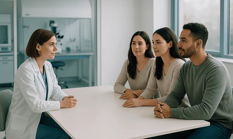 Doctor consulting with a couple in a modern medical office.