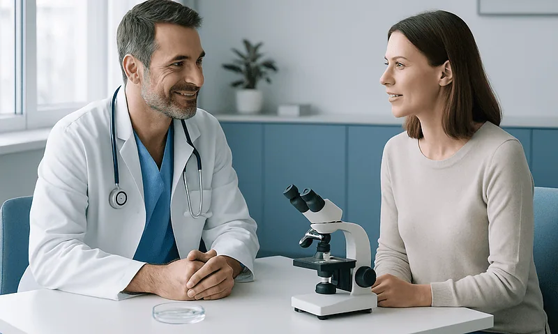 Doctor consulting with a woman patient in a medical office with a microscope.