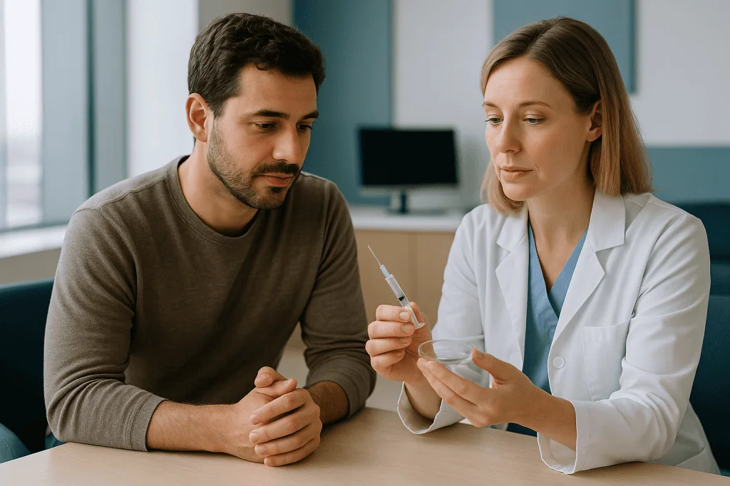 Doctor consulting patient about fertility treatment options: ICSI vs IVF difference: where does the injection change the pic
