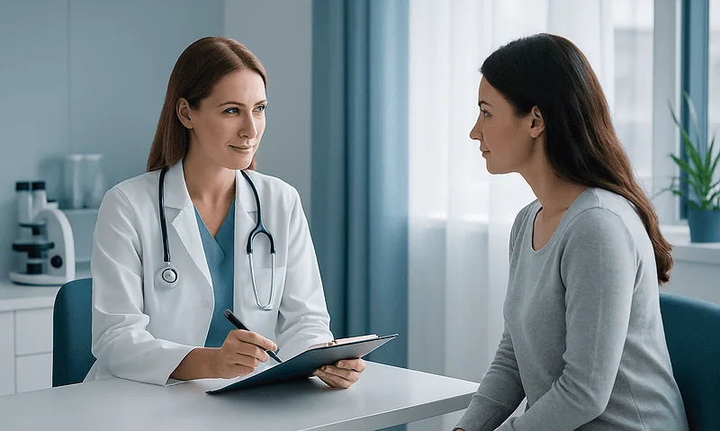 Doctor consulting with a patient in a medical office at Acibadem Hospitals.