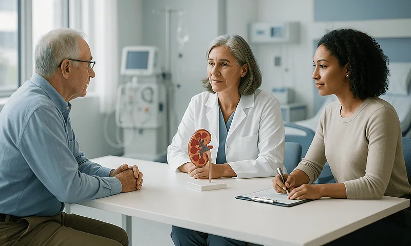 Doctor explaining kidney health to patient in a medical consultation.