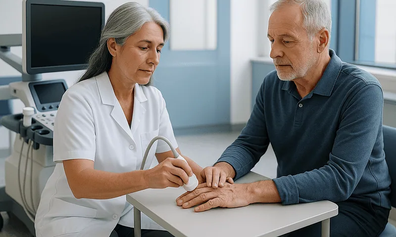 Doctor examining a patient's wrist in a medical consultation room.