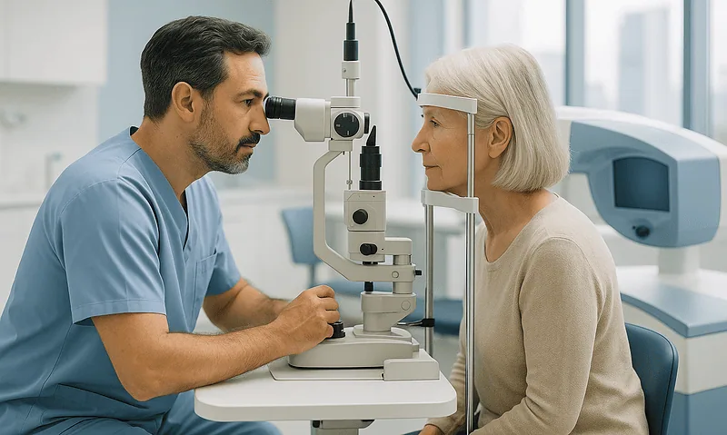 Ophthalmologist examining elderly woman's eyes with slit lamp in clinic.