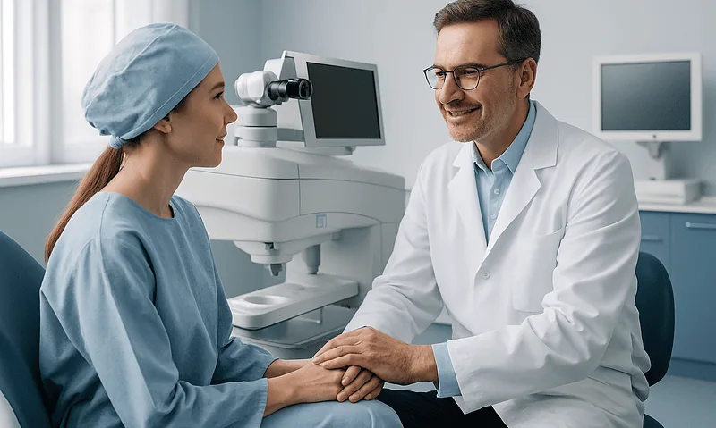 Ophthalmologist consulting with patient in eye clinic.
