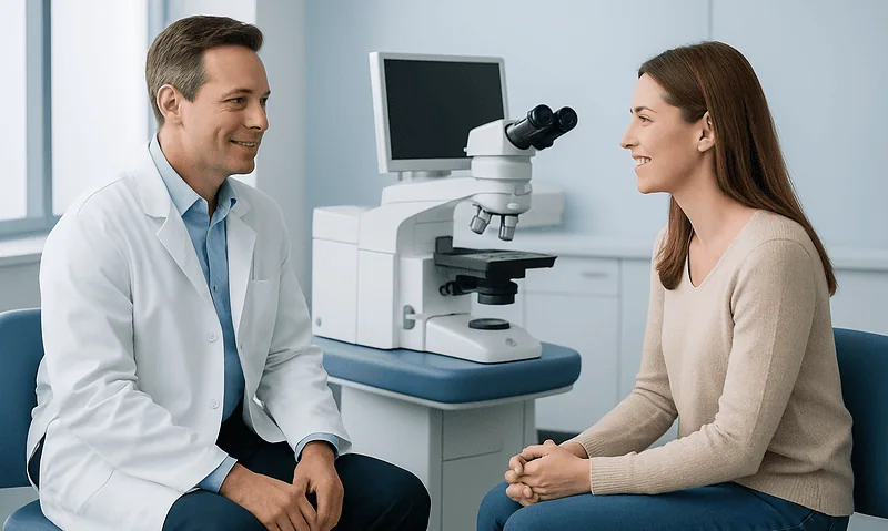 Ophthalmologist consulting with a patient in a modern clinic setting.