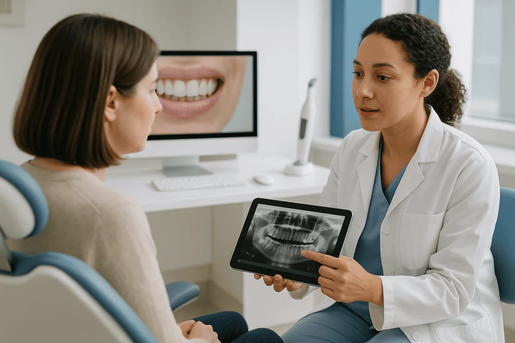 Dentist showing X-ray imaging to patient in consultation: Imaging in cosmetic dentistry: X-rays, photographs and digital sca