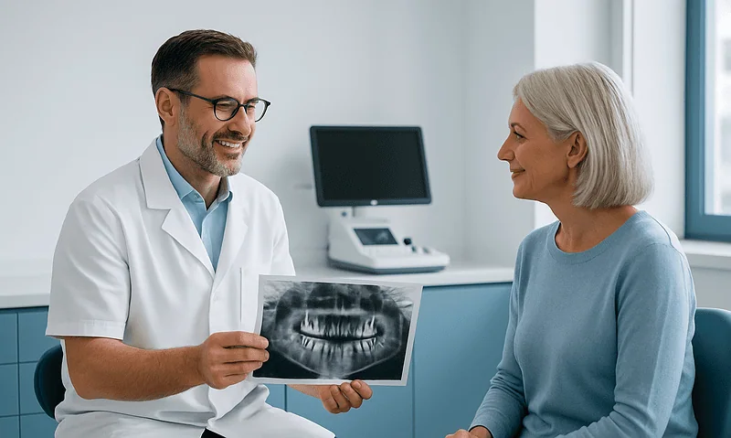 Dentist showing dental X-ray to a patient in a clinic setting.