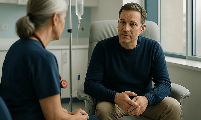 Doctor consulting with a patient in a hospital room at Acibadem Hospitals Group.
