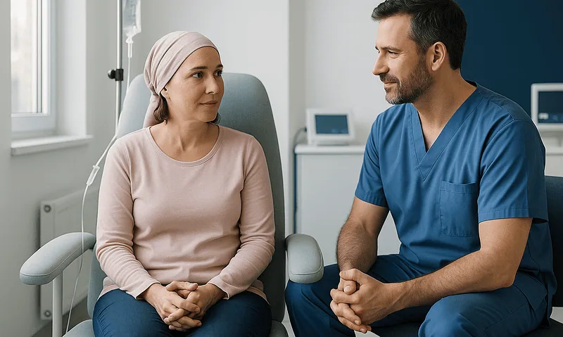 Patient and doctor discussing treatment options in a hospital room.