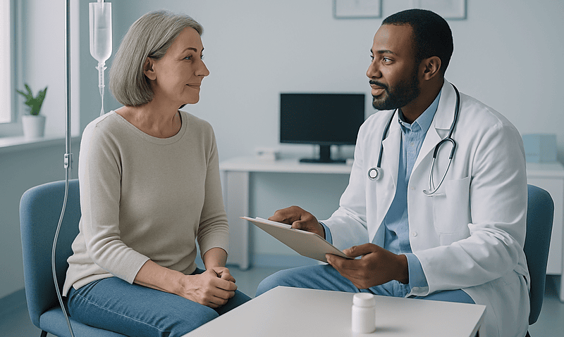 Doctor consulting with an elderly female patient in a medical office.