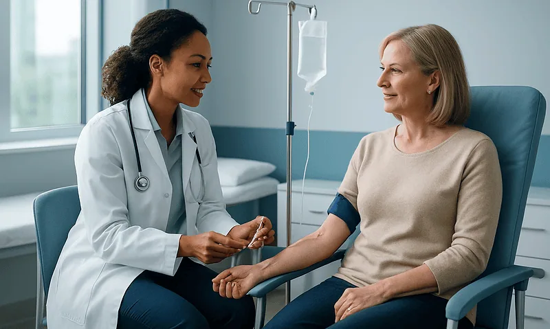 Doctor consulting a patient in a hospital room with IV drip.