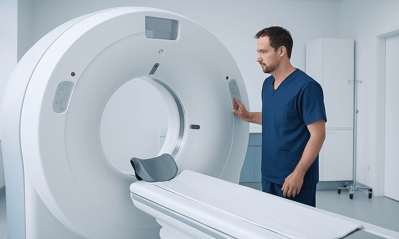 Medical professional prepares MRI scanner in a modern hospital room.