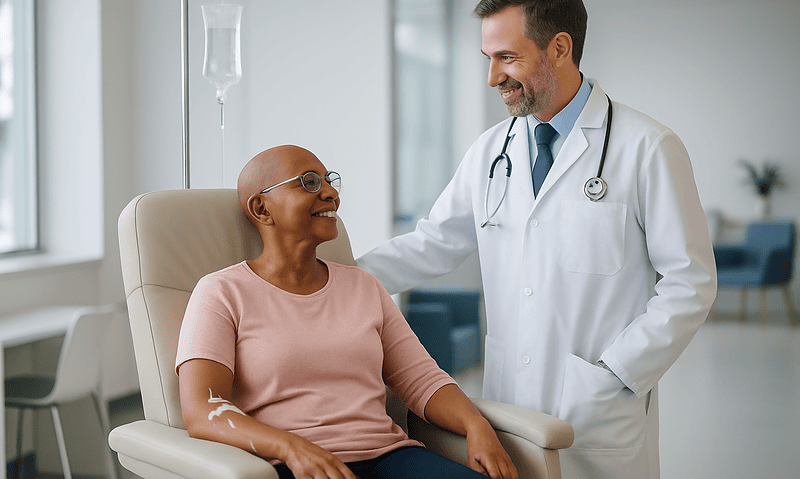 Doctor talking to a patient during immunotherapy infusion at Acibadem Hospital.