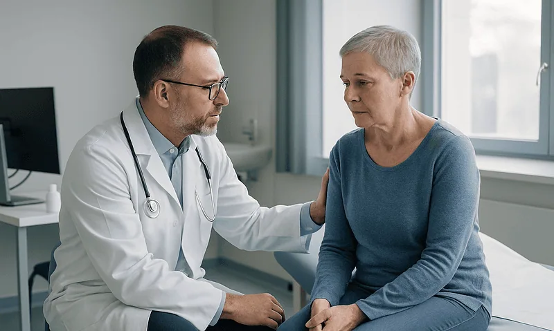 Doctor consulting with an elderly woman in a hospital room.