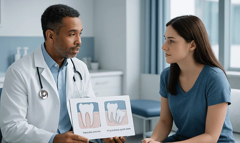 Dentist explaining impacted tooth types to patient with dental diagrams.