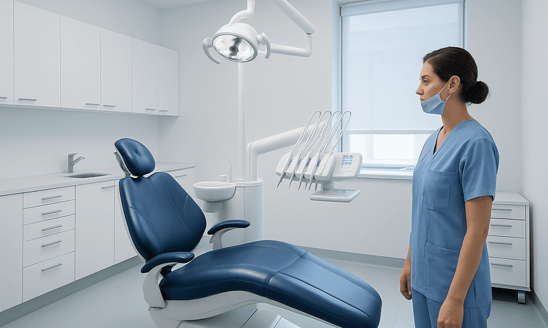 Modern dental clinic with dental chair and equipment for impacted tooth treatment.