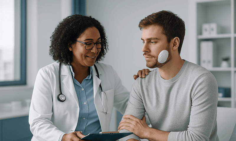 Doctor consulting with patient after impacted tooth surgery.