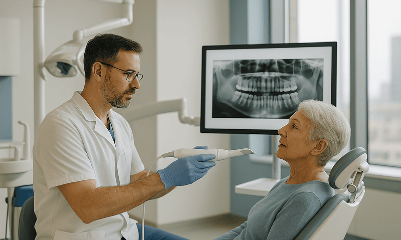 Dentist explaining impacted tooth treatment to elderly patient in clinic.
