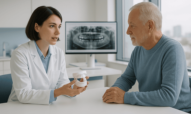 Dentist explaining impacted wisdom tooth to patient in consultation room.