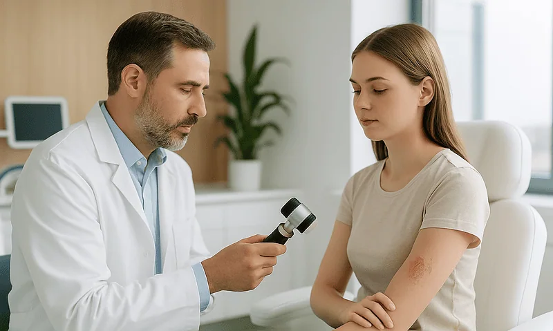 Doctor examining a young woman's skin with a dermatoscope in a clinical setting.
