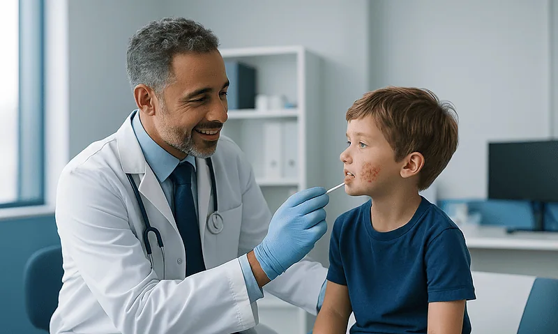 Pediatric doctor examining child's skin for impetigo treatment.
