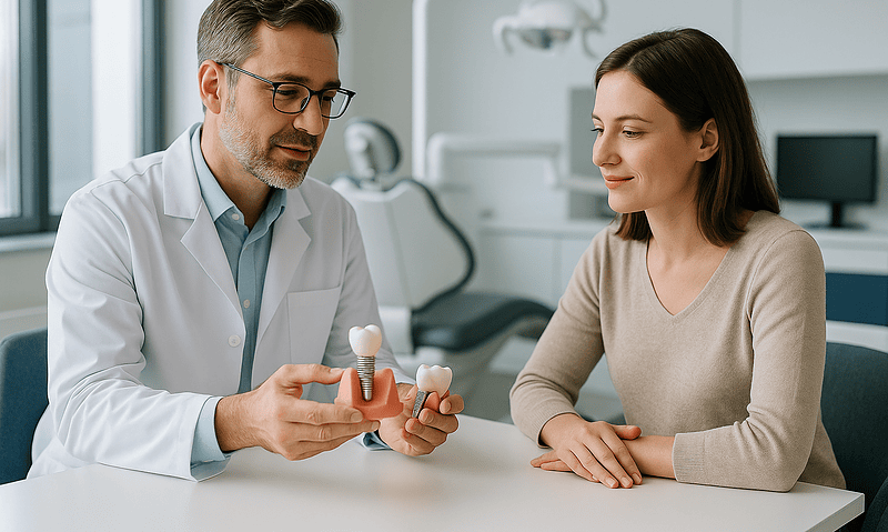 Dentist explaining dental implants to a patient in a clinic setting.