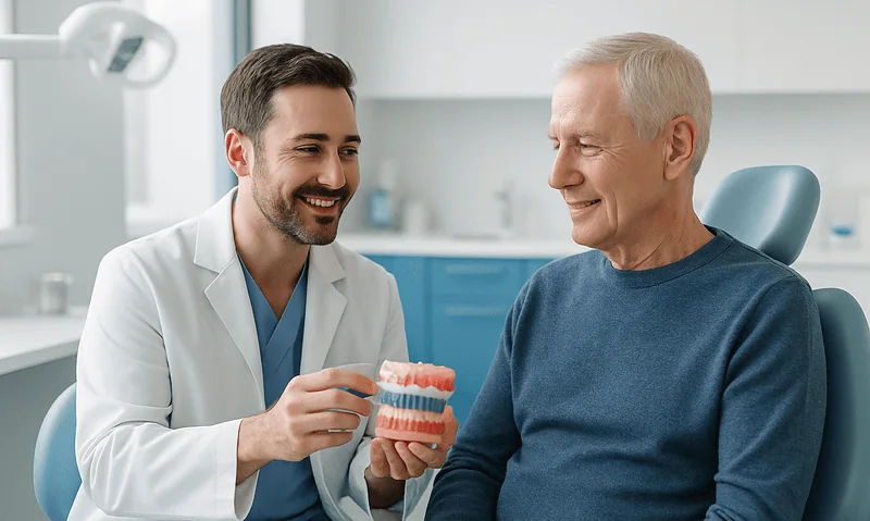 Dentist explaining dental prosthetics to elderly patient in clinic.