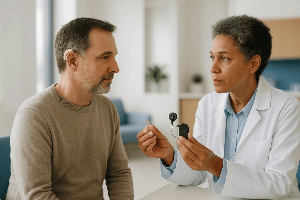 Doctor explaining hearing aid device to adult male patient: Implantable hearing aid vs cochlear implant: what the labels act
