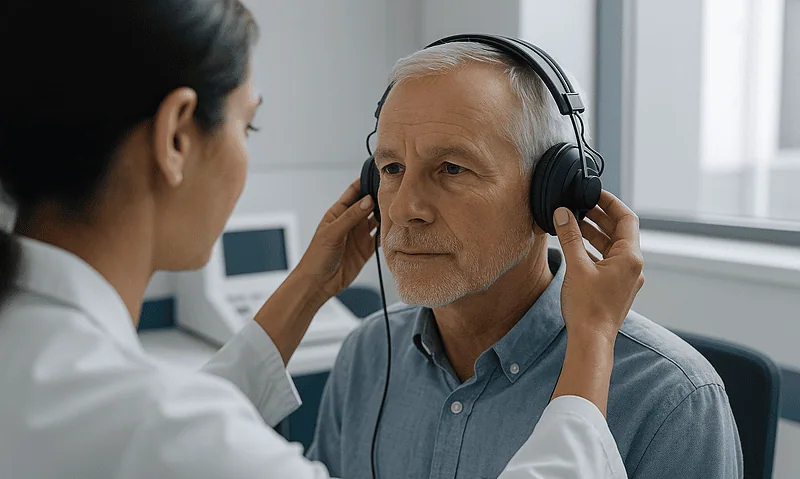 Doctor fitting a hearing aid on an elderly man in a clinic setting.