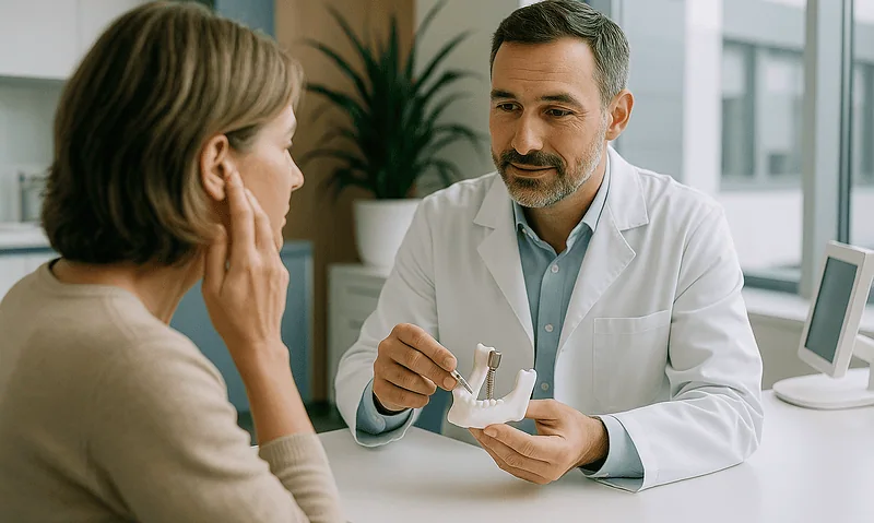 Doctor explaining implantable hearing aid options to a patient in a clinic.