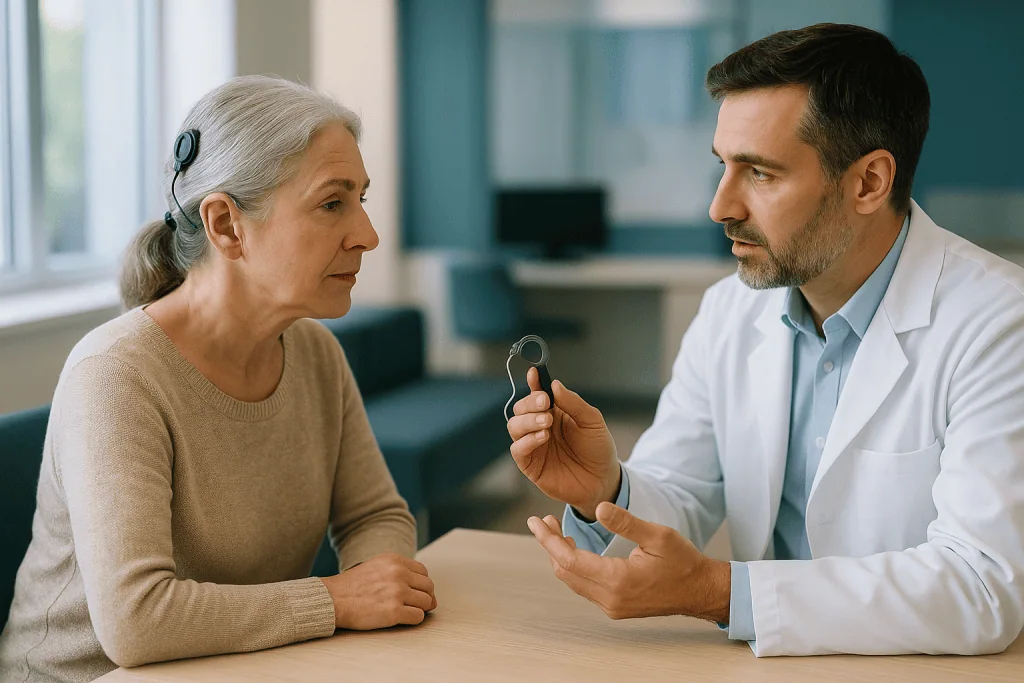 Doctor consulting senior patient about hearing aid device: Implantable hearing aids candidates: who qualifies for a cochlear