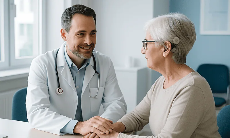 Doctor consulting with elderly woman about hearing loss treatment options.