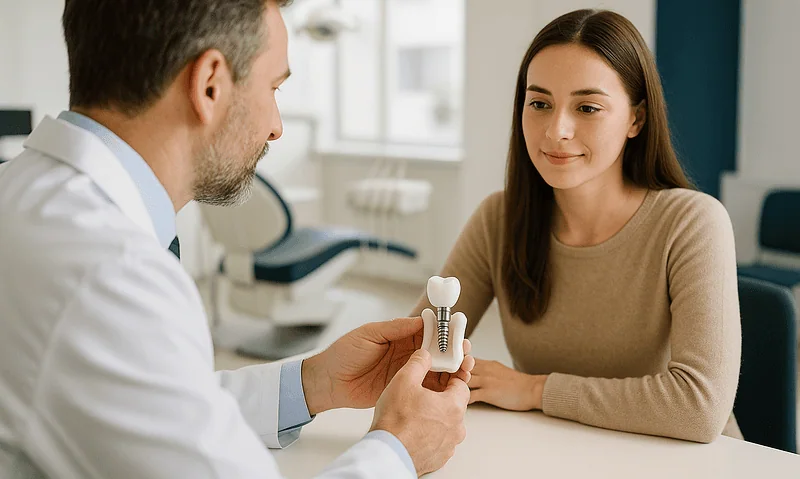 Dentist explaining dental implant options to a young woman in a clinic.