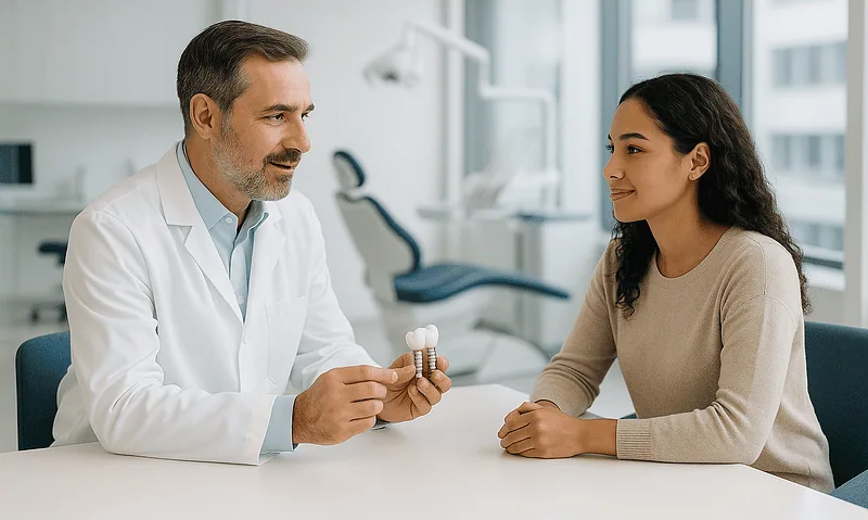 Dentist explaining dental implants to a patient in a clinic.