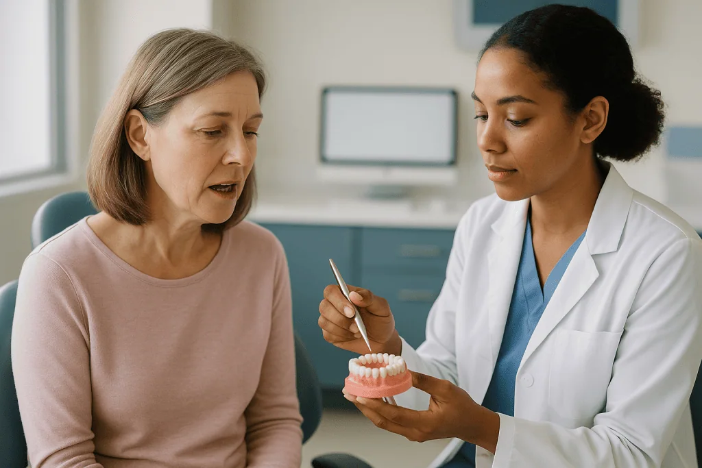 Dentist explaining dental bridge model to mature female patient — Impressions and digital scans: how the laboratory learns yo
