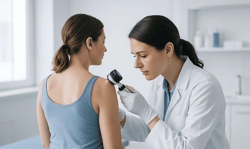 Doctor examining patient's skin with dermatoscope in clinic setting.
