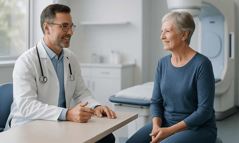 Doctor consulting with elderly patient in medical office.