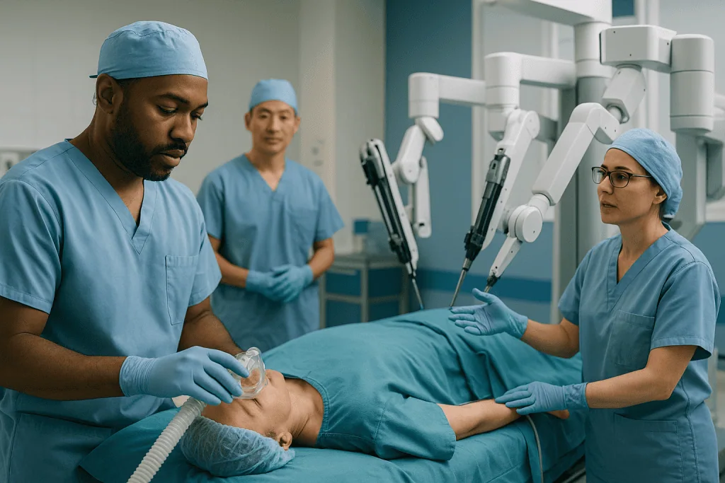Surgical team performing procedure with robotic arms on patient: In the operating room: anesthesia, positioning and docking 