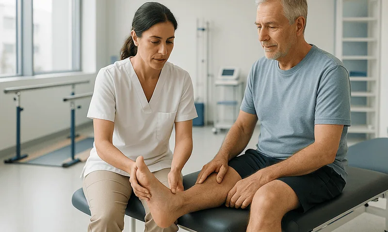 Physiotherapist examining a patient's foot in a clinical setting.