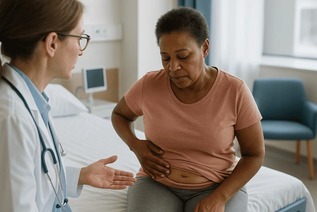 Doctor consulting patient about abdominal pain — Incision pain: what is normal in the first days