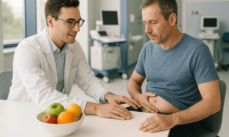 Doctor consulting with patient about incisional hernia in a hospital setting.