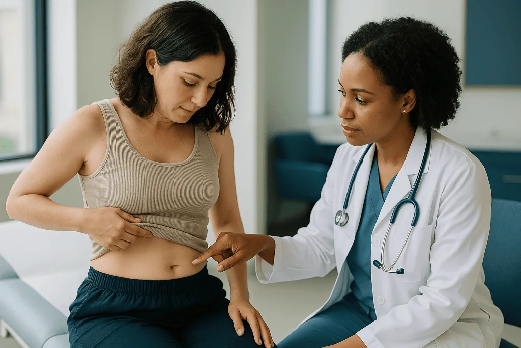 Doctor examining patient's abdomen during consultation: Incisions compared: are laser lipo incisions really smaller?