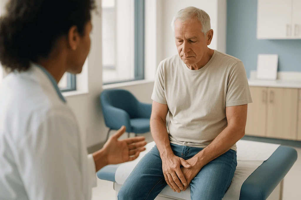 Doctor consulting senior male patient in clinical setting: Incontinence after prostatectomy: why it happens and how it usual