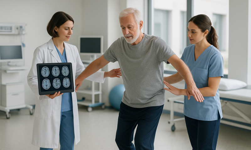 Doctor examining a patient with neurological tests in a hospital setting.