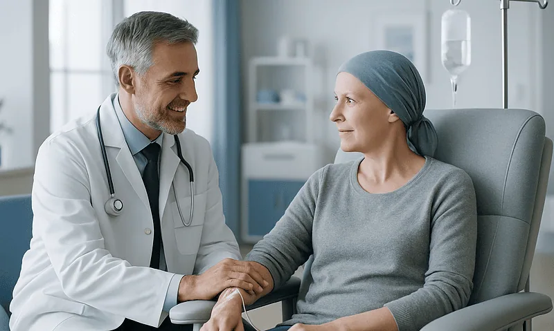Doctor comforting a patient in a hospital room with IV drip.